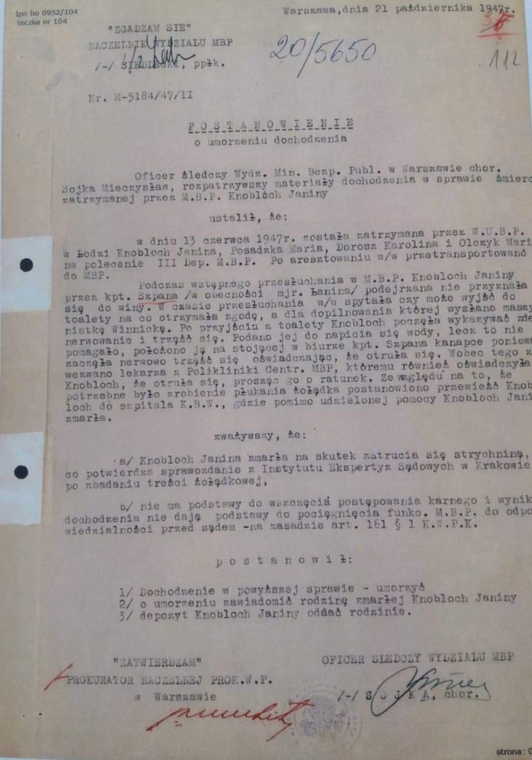 Image for The decision to terminate the investigation against Janina Knobloch, liaison officer of the UPA in Poland, Warsaw, 1947